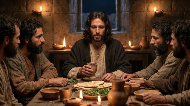 Jesus holding a cup of wine at the Last Supper, biblical New Testament Passover meal scene with disciples at the table