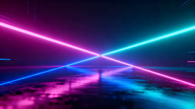 Futuristic neon laser light beams crossing in a dark industrial space with glowing reflections on a wet metallic surface