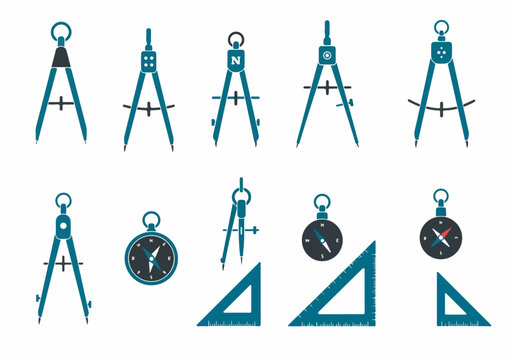 Set of flat vector illustrations of drawing compasses, navigational compasses, and set squares in blue and grey colors, isolated on a white background.