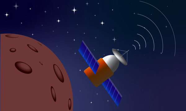 signal de communication dans l'espace avec un satellite et une plan&egrave;te rouge