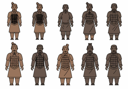 Vector Illustration Set of Ten Stylized Terracotta Army Warriors from Ancient China in Earth Tones