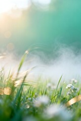 Fototapeta premium Morning Mist Over Green Grass Field with Flowers