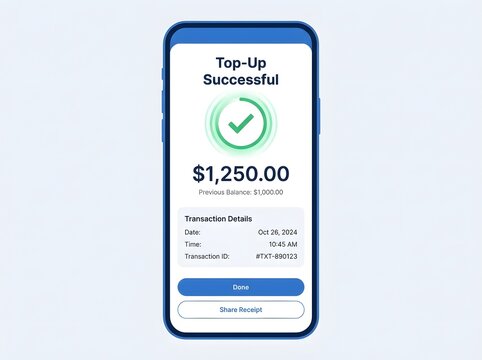Seamless mobile application interface showcasing a successful digital financial top-up and secure transaction confirmation with updated balance and sharing features