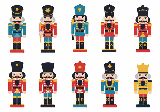 Collection of ten various Christmas nutcracker soldier illustrations in military uniforms, set against a white background.
