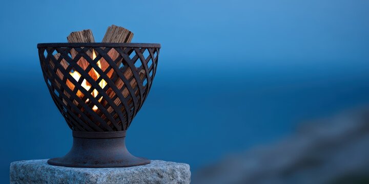 coastal beacon illustration, a metal fire beacon on a stone pedestal, high-res twilight, and a coastline silhouette detailed