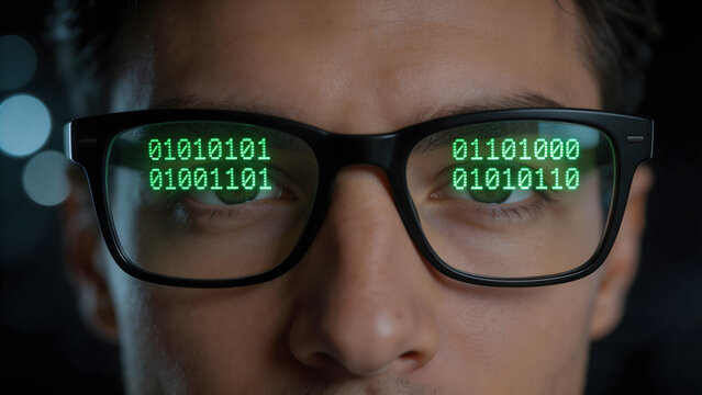 Man wearing glasses with binary code displayed