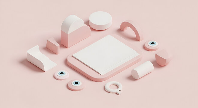 Isometric collection of abstract geometric shapes and objects in pastel pink and white, creating a minimalist composition, suitable for web design or presentation backgrounds