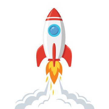 Space rocket launch icon with smoke and fire in flat cartoon style vector illustration, rocket icon, Startup Icon with smoke and fire, Startup Icon, startup symbol, space rocket launch vector icon.