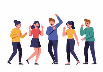 Obraz premium Diverse group of five happy young people standing together and pointing upwards or sideways, in a flat vector illustration style.