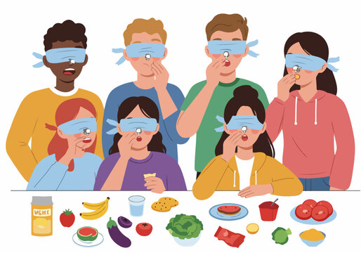 Diverse group of young people participating in a blindfolded taste test with nose clips to explore the sensory connection between smell and taste.
