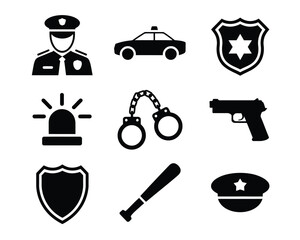 Police symbols icon vector design officer patrol car badge handcuffs gun baton for law enforcement safety illustration © MD MILON
