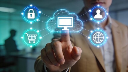 Fototapeta premium Businessman using futuristic cloud computing interface with digital icons for security user shopping and global network modern technology concept