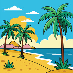 Obraz premium Tropical beach, palm trees, sunny landscape, vector illustration, blue sky, sandy shore