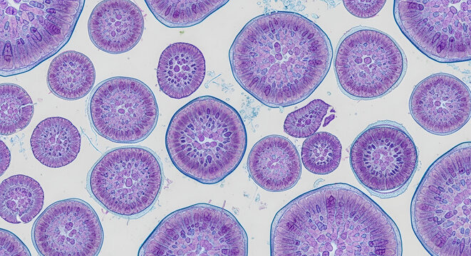 Microscopic view of cross-sections of ovules showing intricate cellular structure in shades of purple and blue, science background, biology research, detailed pattern