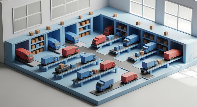 Miniature warehouse with trucks and shelves in organized layout