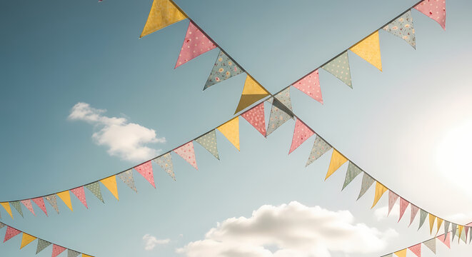 Colorful bunting flags against a clear blue sky on a sunny day