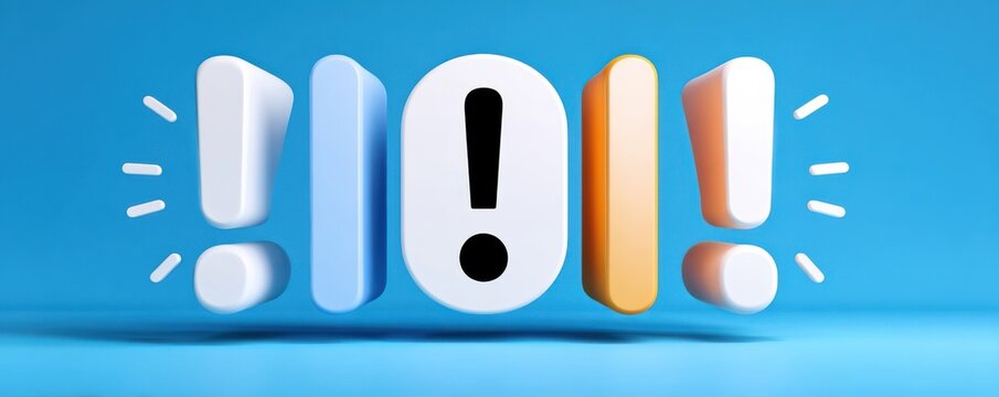 3D exclamation mark on blue background for attention, alert and announcement design