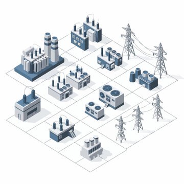 Isometric Industrial Power Plant and Electrical Grid Infrastructure.