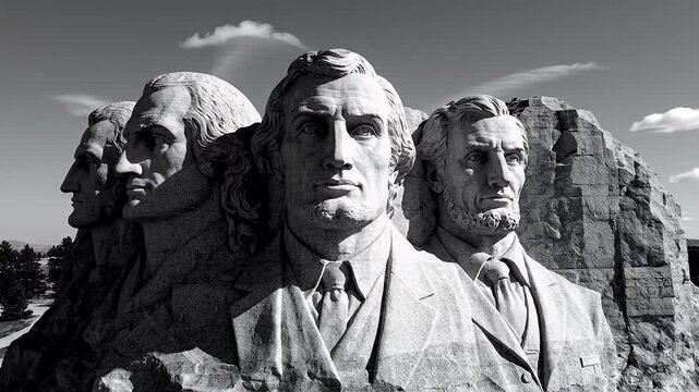 Black and white Mount Rushmore.