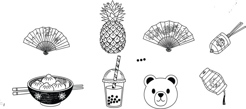 Taiwan Cultural Vector Icons Set Featuring Bubble Tea, Pineapple, Dumplings, Folding Fans, Lanterns, and Bear Head for Travel and Food Design, 20 Words.