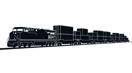 Black silhouette of a freight train with cargo containers on isolated white background. © naya
