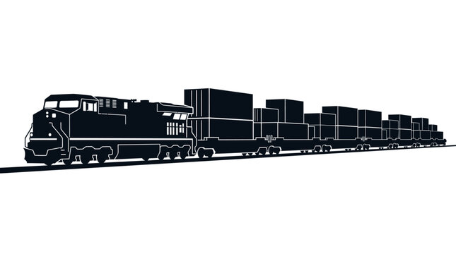 Black silhouette of a freight train with cargo containers on isolated white background.