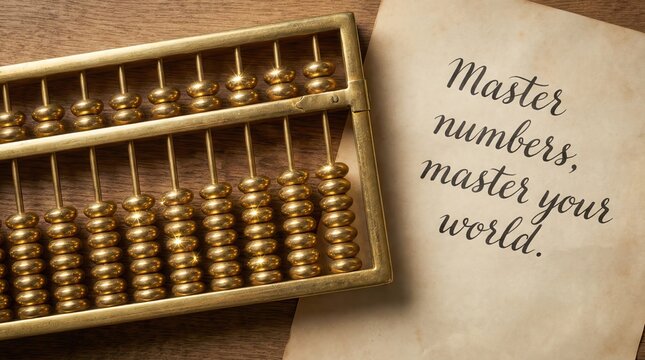 Flat lay of golden abacus with vintage script