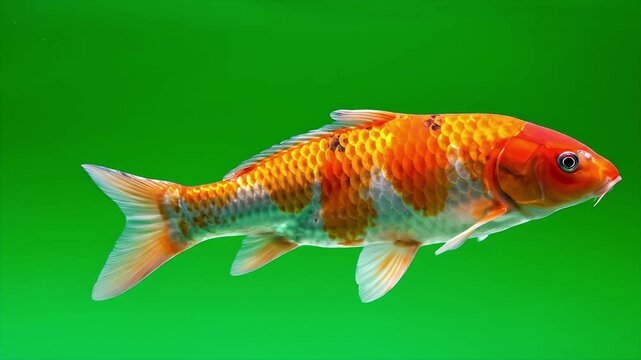 Beautiful orange and white patterned koi fish swimming gracefully against a bright chroma key green background, ready for compositing and creative design