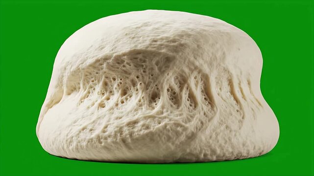 A close-up, studio shot of bread dough rising and fermenting on a vibrant green background, showcasing its textured surface