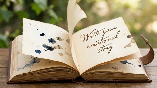 Open Vintage Book with Pages Turning, Featuring 'Write Your Emotional Story'