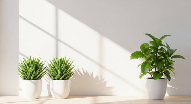 Indoor home scene with plants in pots. Sunlight casts shadows on light wooden surface, wall. Minimalist design with clean lines, empty space. Ideal for zoom background home decor inspiration.