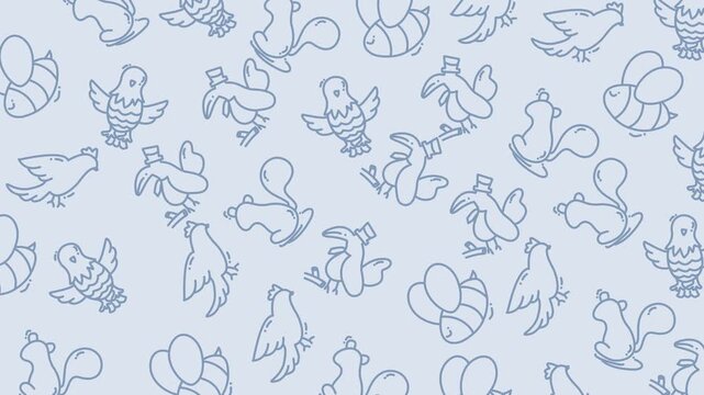 Blue-toned outline birds dance across a soft background. Simple lines define chirping, flying, and perched avian figures. Each bird shape varies subtly, yet retains a charming, hand-drawn look