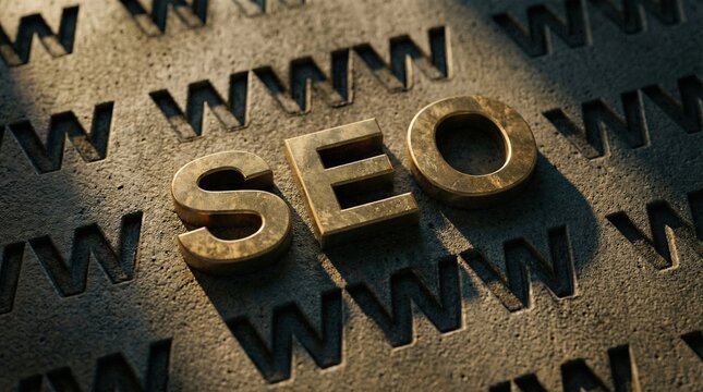 SEO 3D Text on Concrete Surface: The word SEO crafted in metallic letters sits on a textured concrete surface embossed with the www pattern, representing search engine optimization and web presence.