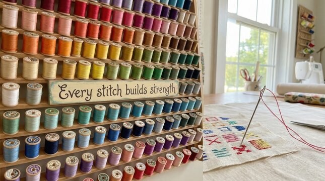 Organized Spool Rack with Colorful Threads