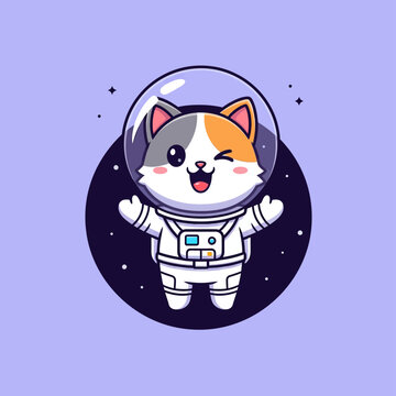 Cute, cheerful calico cat mascot character in a white astronaut suit with a clear bubble helmet, winking happily, floating against a dark space circle with stars on a light lavender background.