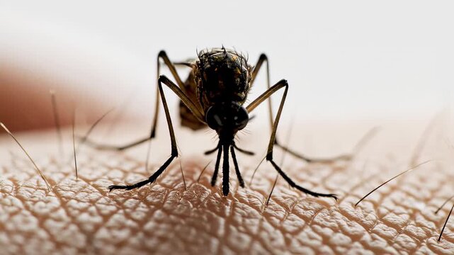 This video shows a detailed view of a mosquito on human skin, emphasizing its role in spreading diseases like malaria, dengue, and Zika. The footage is ideal for educational and documentary projects