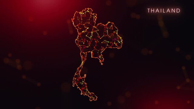 A dynamic motion video showcasing the Thailand country border through a colorful plexus reveal. Glowing red and orange dots represent high-tech data communication and global digital networks.