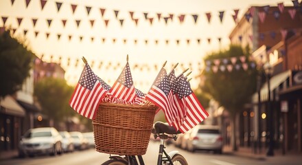 Obraz premium American flags and bunting displayed on a bicycle in a town square