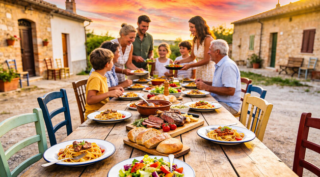 Large multi-generational family enjoying a traditional Italian dinner outdoors at sunset, rustic Tuscan villa courtyard with long wooden table, Mediterranean feast and authentic family bonding concept