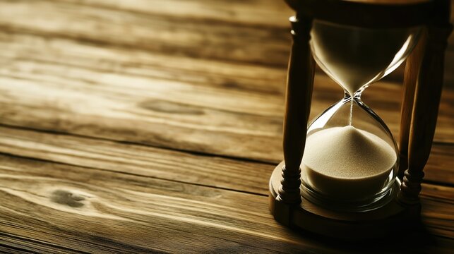 infamy. Final grain of sand falling through hourglass center, soft wooden background, dramatic lighting. wellbeing guides.
