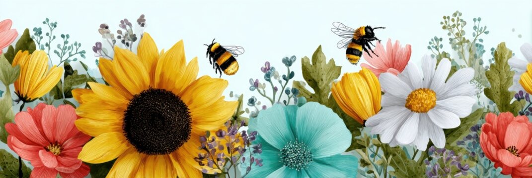 world bee day illustration, highly rated visual designer creating a web banner for world bee day with a whimsical watercolor and ink illustration of bees dancing around wildflowers soft, pastel