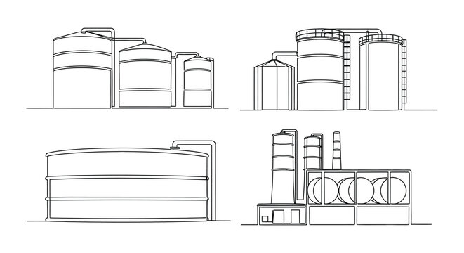 Continuous line drawing of industrial storage tanks and refinery structures