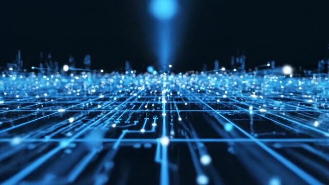 Abstract Blue Digital Circuit Board Grid with Glowing Lines and Data Flow