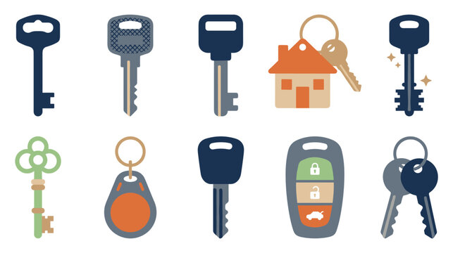 Colorful flat design key icons for property management and security.