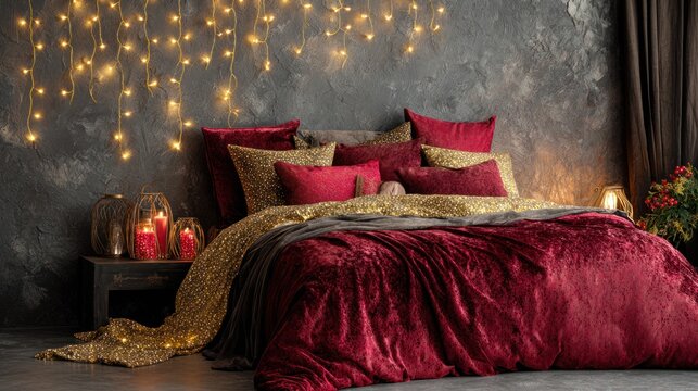 Luxurious Red Velvet Bed with Gold Accents and Warm String Lights in Modern Bedroom