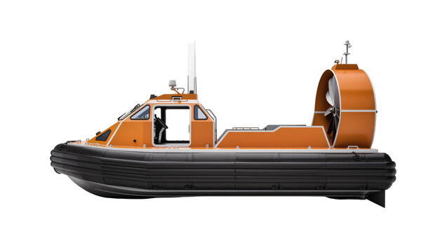 Orange hovercraft with black inflatable skirt, isolated on transparent background