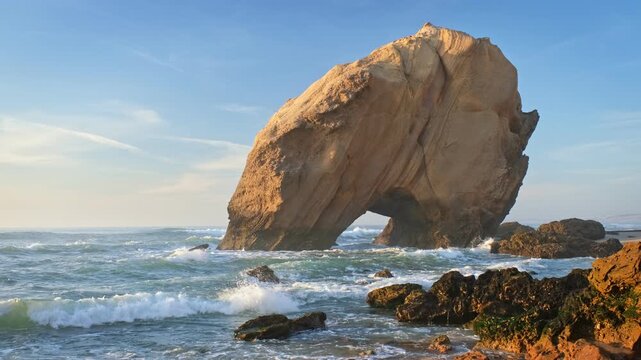Penedo do Guincho is a large rock arch at Praia da Santa Cruz, Portugal. The ocean waves crash against the rocks during sunset, creating a beautiful view of the beach.