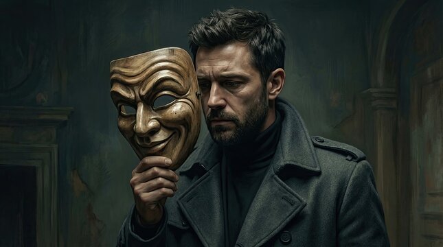 Mystery and Melancholy: A man in a trench coat holds a grinning mask, his expression a study in contemplation and perhaps hidden sorrow.