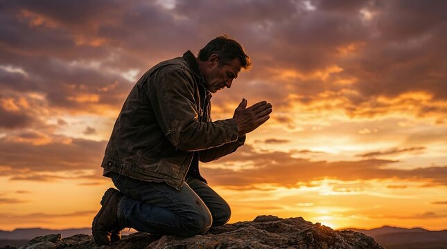 A Man Kneeling in Prayer: A man kneels in supplication on a rocky outcrop against a dramatic sunset sky, his hands clasped in a gesture of faith and hope.