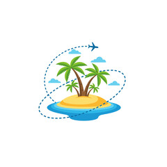 Obraz premium Tropical island paradise with palm trees and airplane vector illustration